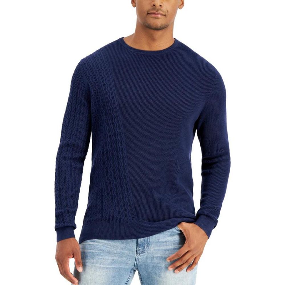 Alfani Mens Navy Cable Knit Crewneck Long Sleeves Crewneck Sweater Top NWT